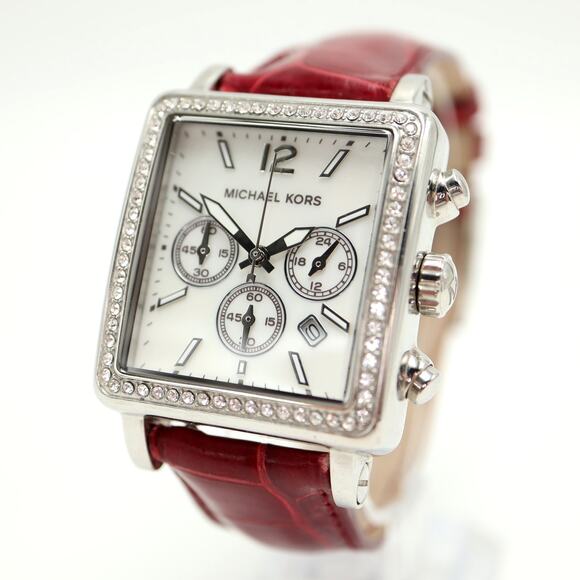 Michael Kors Silver Tone Square 33mm MOP Chronograph Watch Red Alligator Strap main image 14